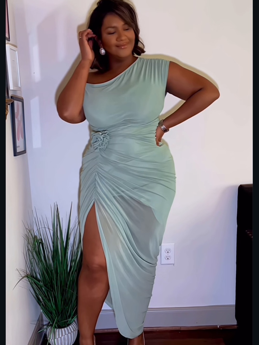 SHEIN Sage One-Shoulder Ruched Midi Dress with Floral Accent